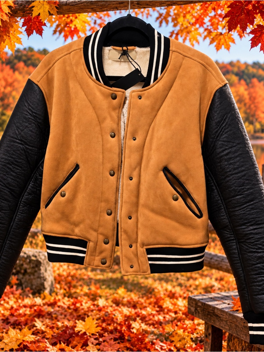 Blank NYC Tan and Black Varsity Bomber Jacket